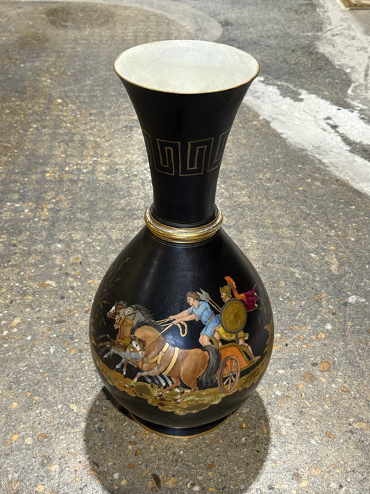 Antique Neo-classical black vase, handpainted, 9"W x 9"D x 20"H