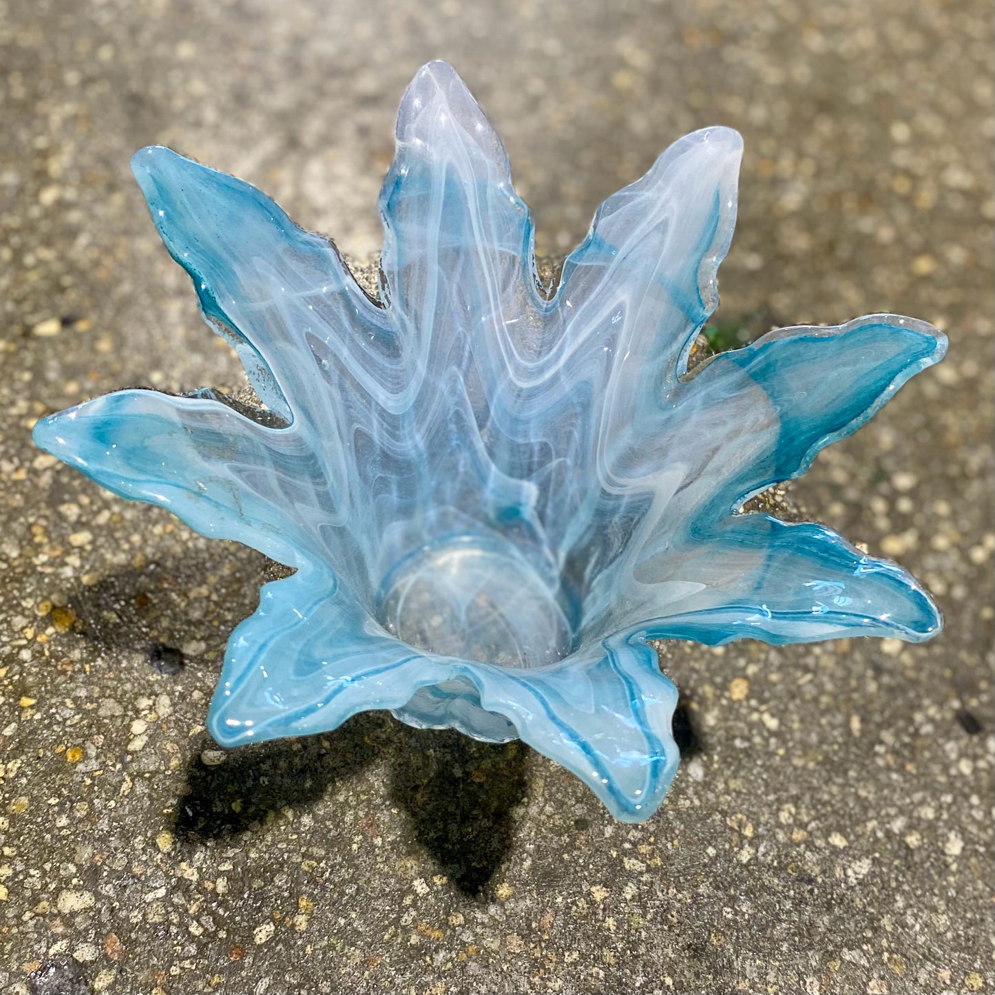 Blue Glass Flower Petal Bowl, 7.5"W x 7.5"D x 4.25"H