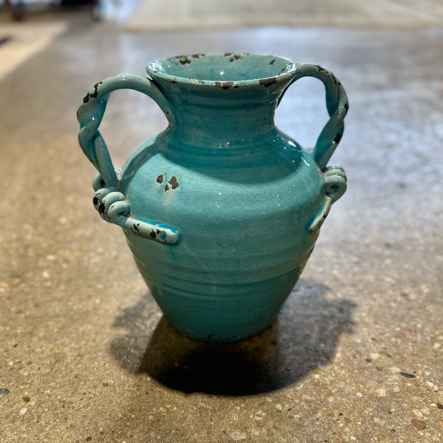 Large Old World Ceramic Urn Vase, Light Blue, 11" L x 12" W x 12" H