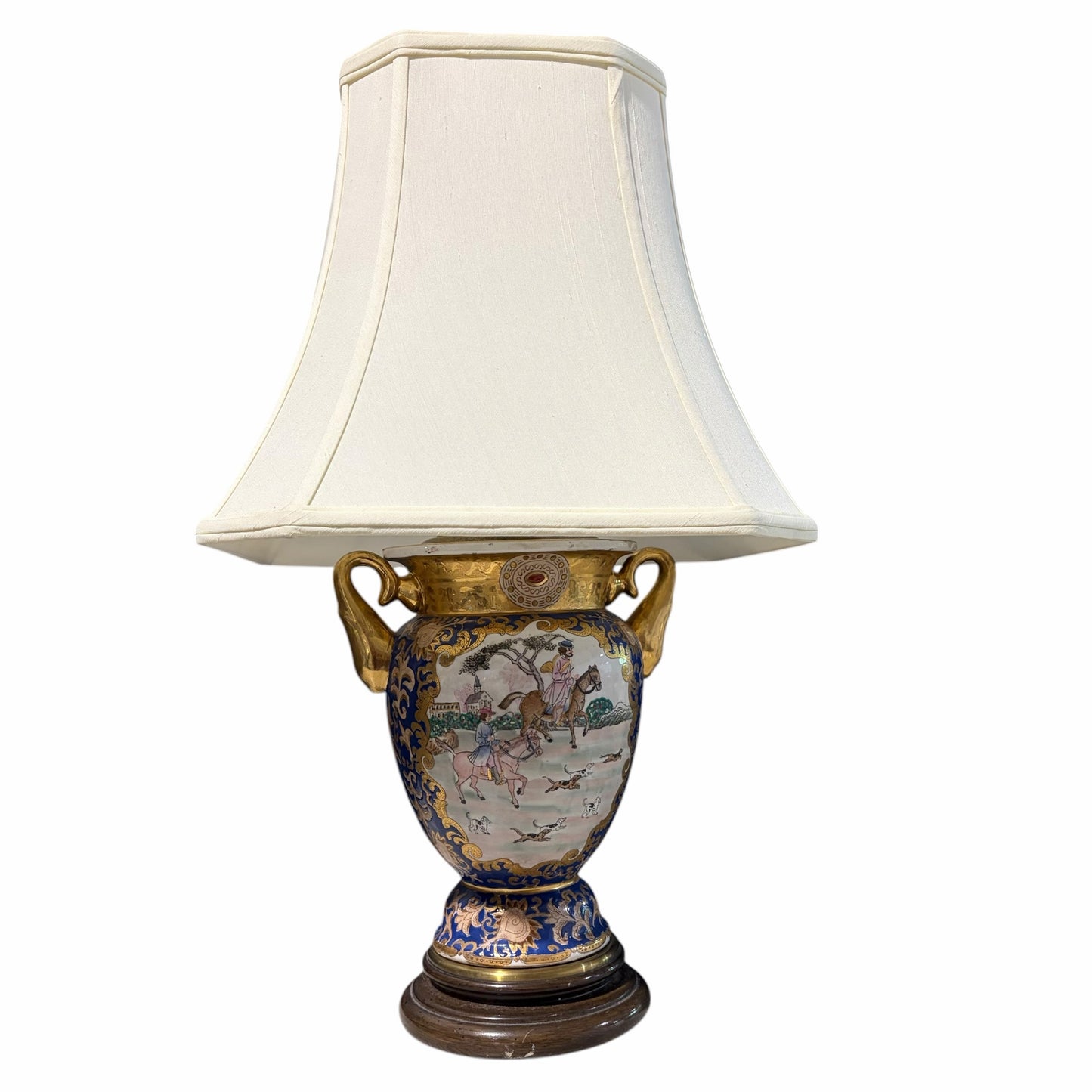 Pair of VTG Chinoiserie Urn Lamp, Blue/Gold, Equestrian, 26"H