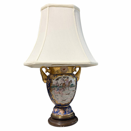 Pair of VTG Chinoiserie Urn Lamp, Blue/Gold, Equestrian, 26"H
