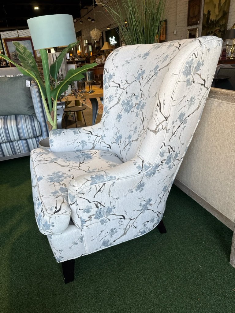 Contemporary wingback chair, blue/brn/ivory,32"W x 28"D x 42"H