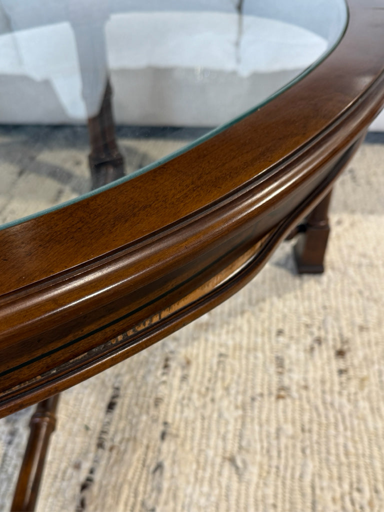 Oval glass top coffee table, bamboo motif, AS IS, 41.5"W x 28"W x 17"H