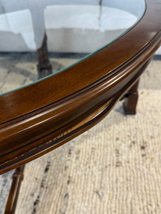 Oval glass top coffee table, bamboo motif, AS IS, 41.5"W x 28"W x 17"H