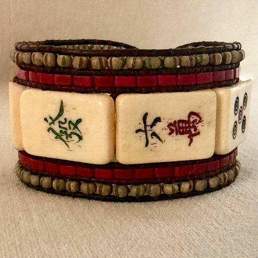 Vintage Mahjong Tile Cuff Beaded Bracelet, 1.5"W x 7.2"L, Carrie Prince