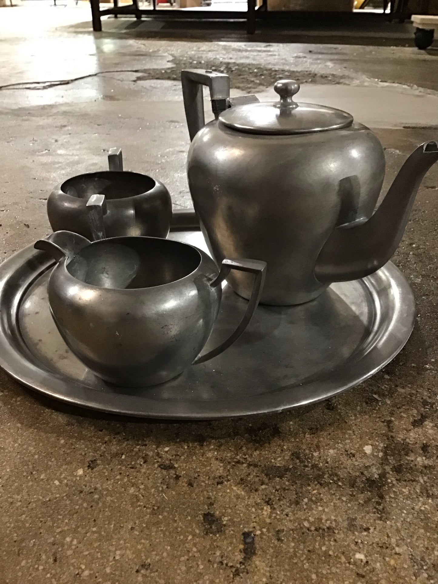 Vintage Pewter Tea Set 12" Diameter, Pot 6" H