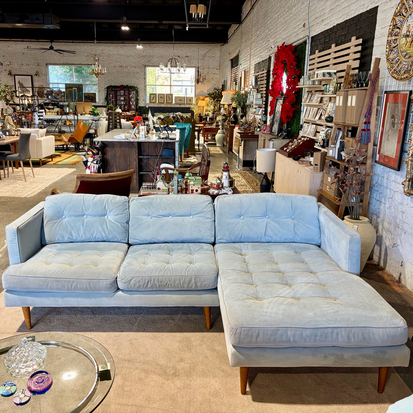 West Elm Sectional Sofa W/Chaise Light Blue, 91"W x 61"D x 27.5"H