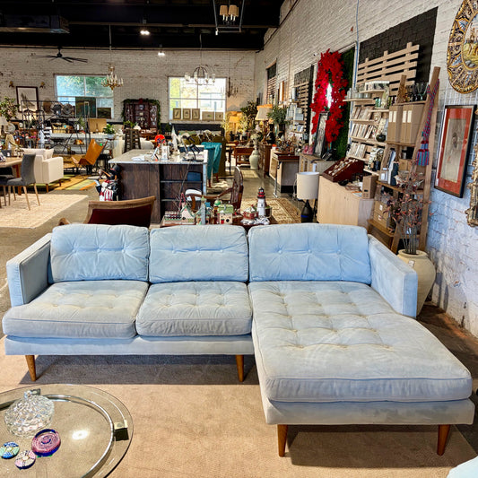 West Elm Sectional Sofa W/Chaise Light Blue, 91"W x 61"D x 27.5"H