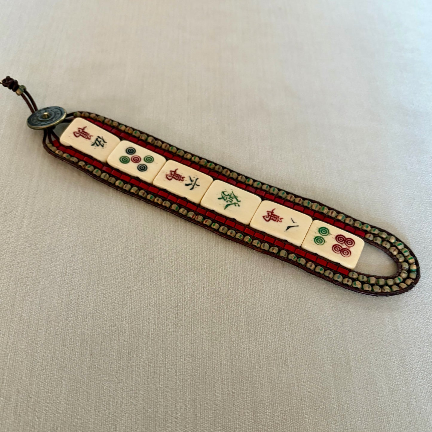 Vintage Mahjong Tile Cuff Beaded Bracelet, 1.5"W x 7.2"L, Carrie Prince