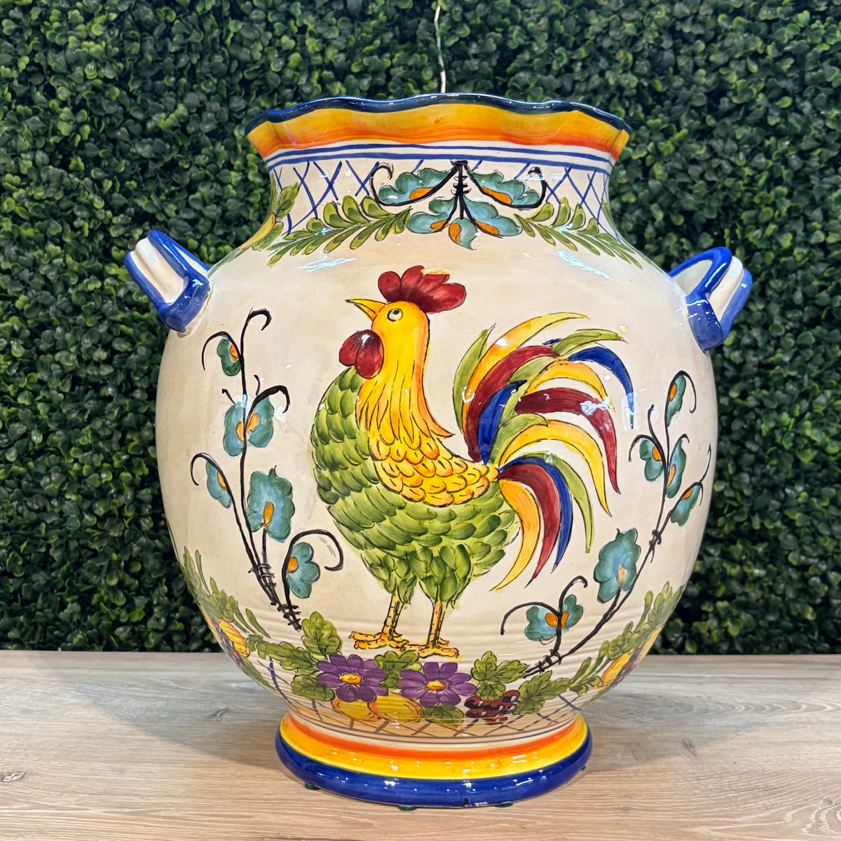 Two-handled Ceramic Rooster Vase, 14"H x 14"Dia