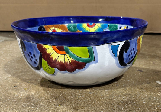 Cobalt blue rim/bright floral decorative bowl, Mexico, 12"D x 5"H