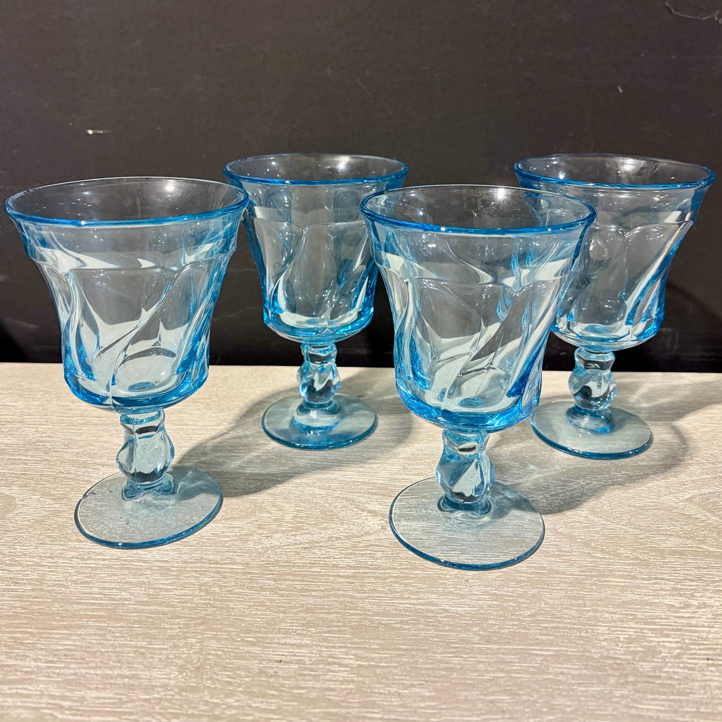4 VTG Fostoria Jamestown Blue Footed Glasses, 4.25"Dia x 6"H