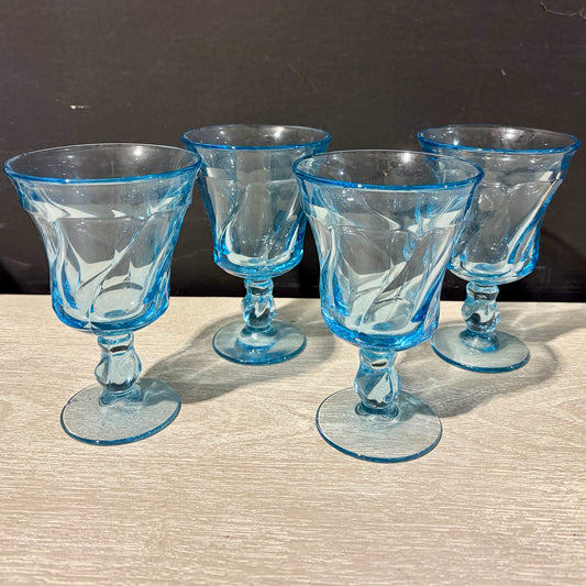 4 VTG Fostoria Jamestown Blue Footed Glasses, 4.25"Dia x 6"H