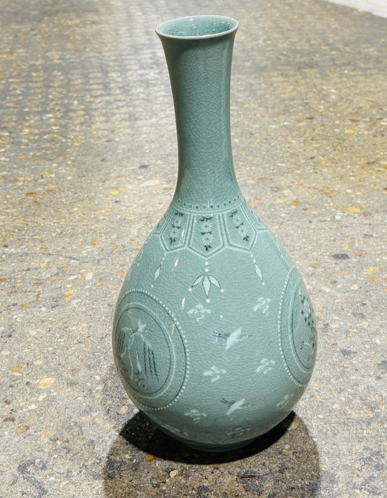 Korean celadon vase, cranes, 13.5"H x 6"W x 6"W