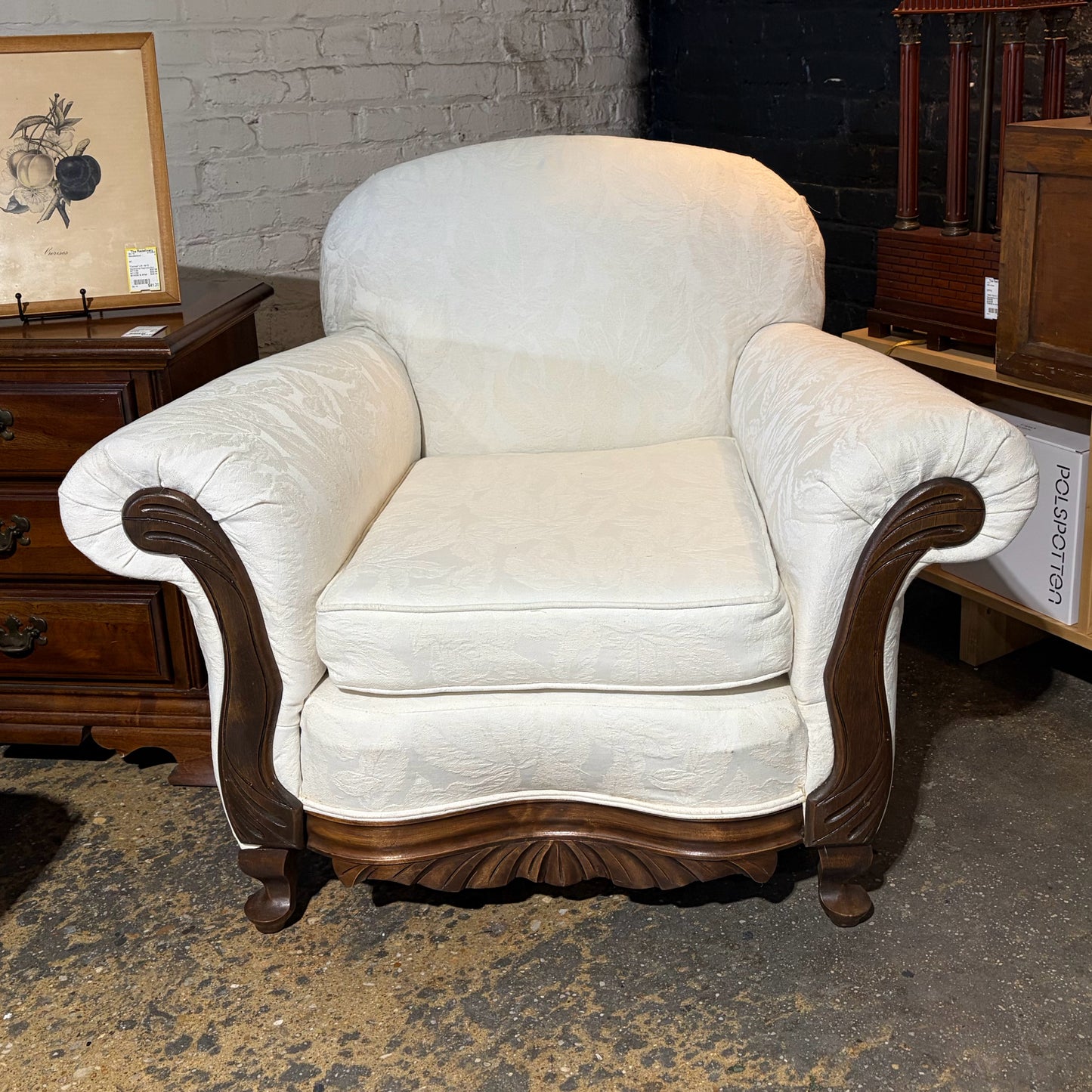 VTG upholstered roll arm/walnut chair, 40.5"W X 29"D X 32"H