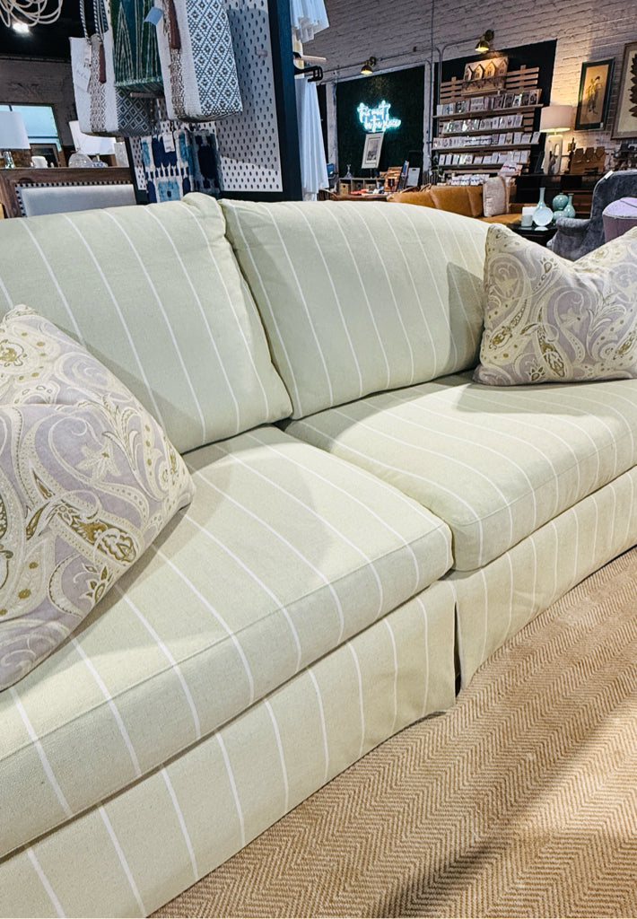 Sherrill sofa, celadon stripe, down mix, 3 pillows, 92"W x 38"D x 38"H
