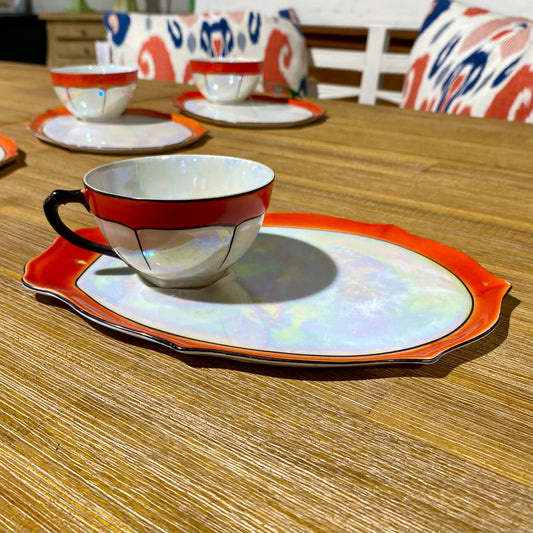 SET of four Czechoslovakia Orange Luster Snack Plates 6"x9" & Teacups 2"H
