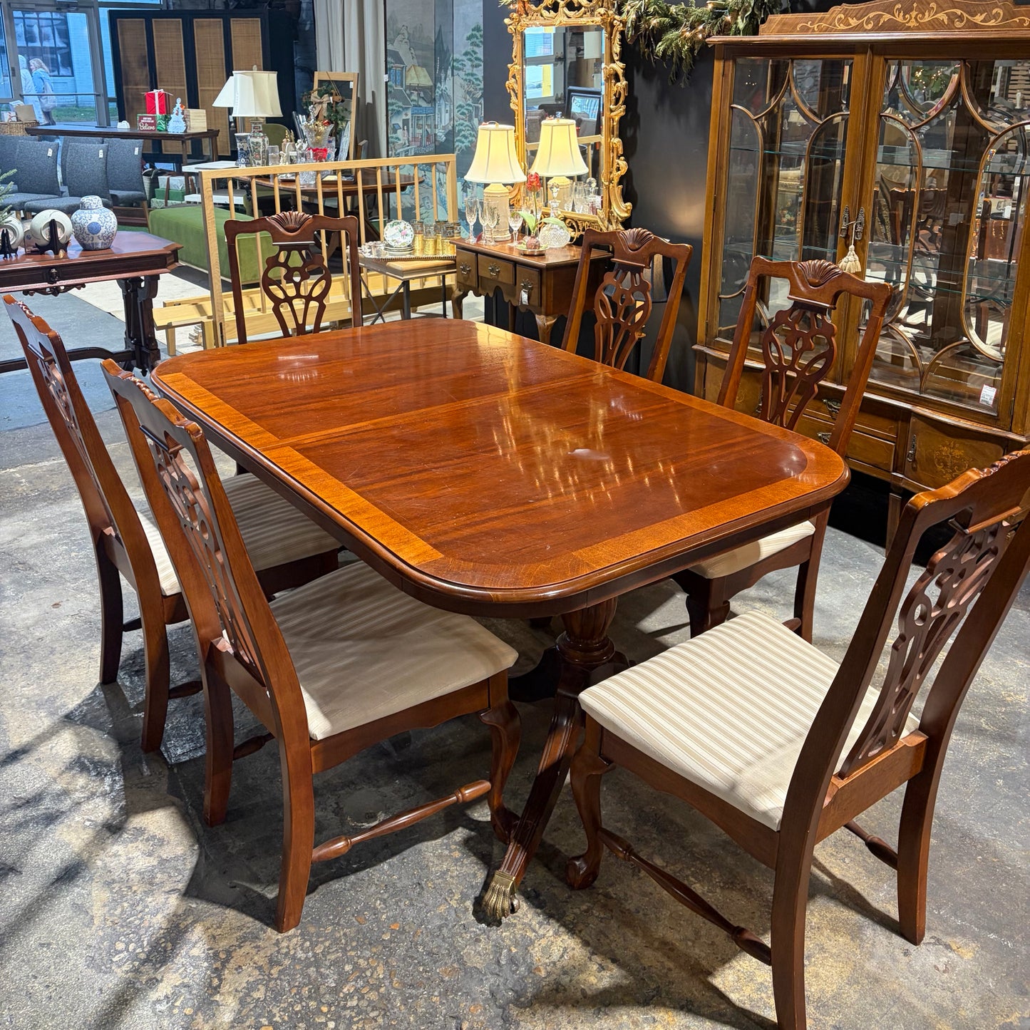 Ethan Allen Double Pedestal Table W/6 Chairs, 86"L x 44"D c 30"H