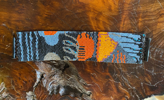 Peyote stitch bracelet, "Helen", black/green/orange, 1.65"W x 7"L