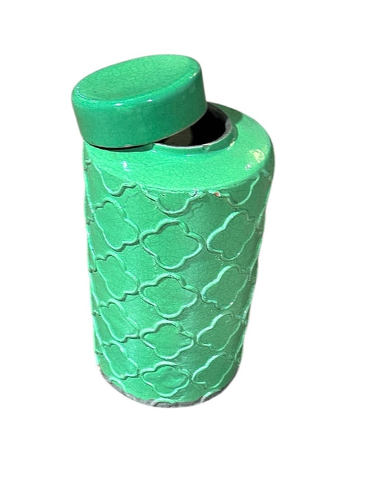 Green jar w/lid, trefoil design, 6.5"W x 6.5"D x12"H