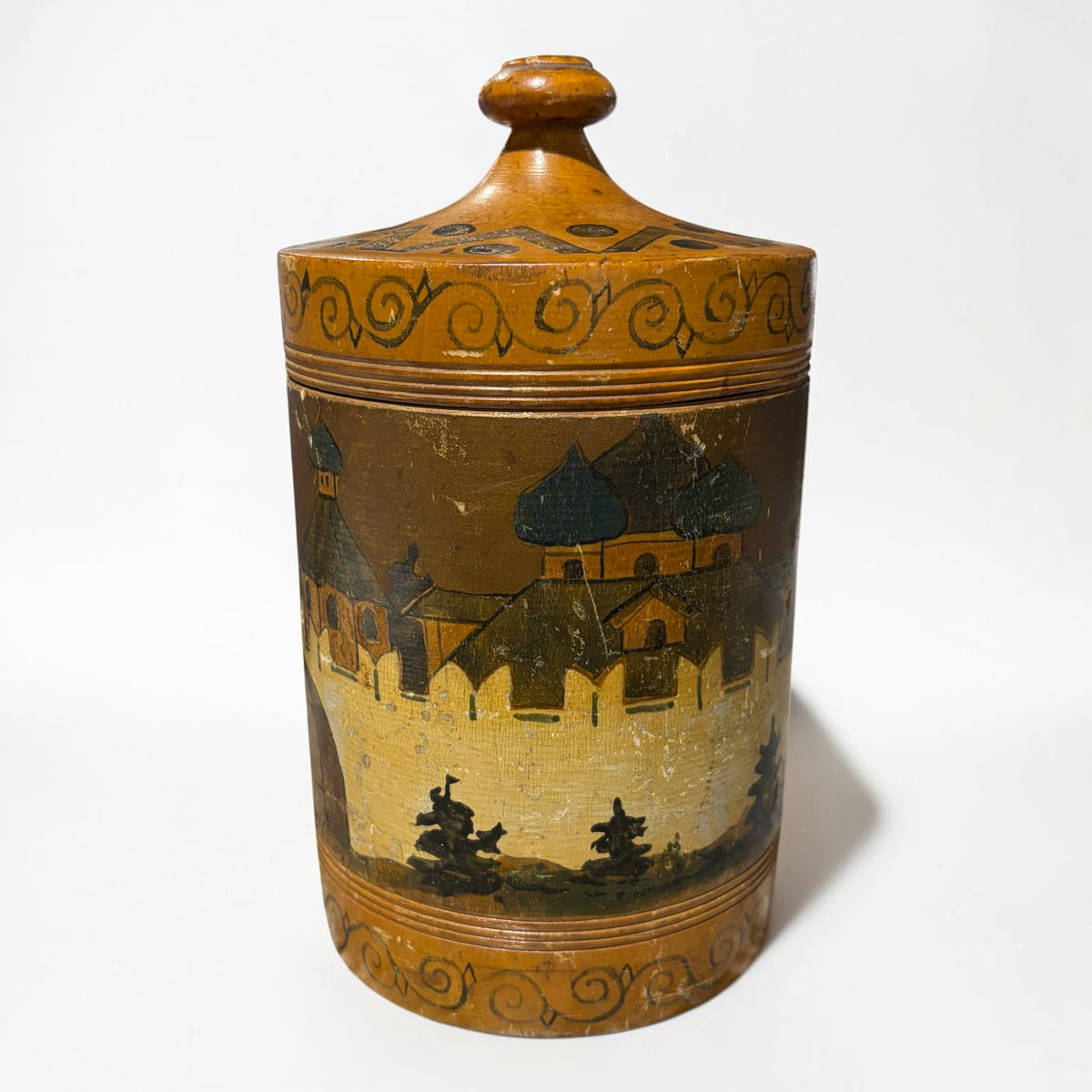 VTG Handpainted Russian Wooden Box, 8"H x 4.25"Dia
