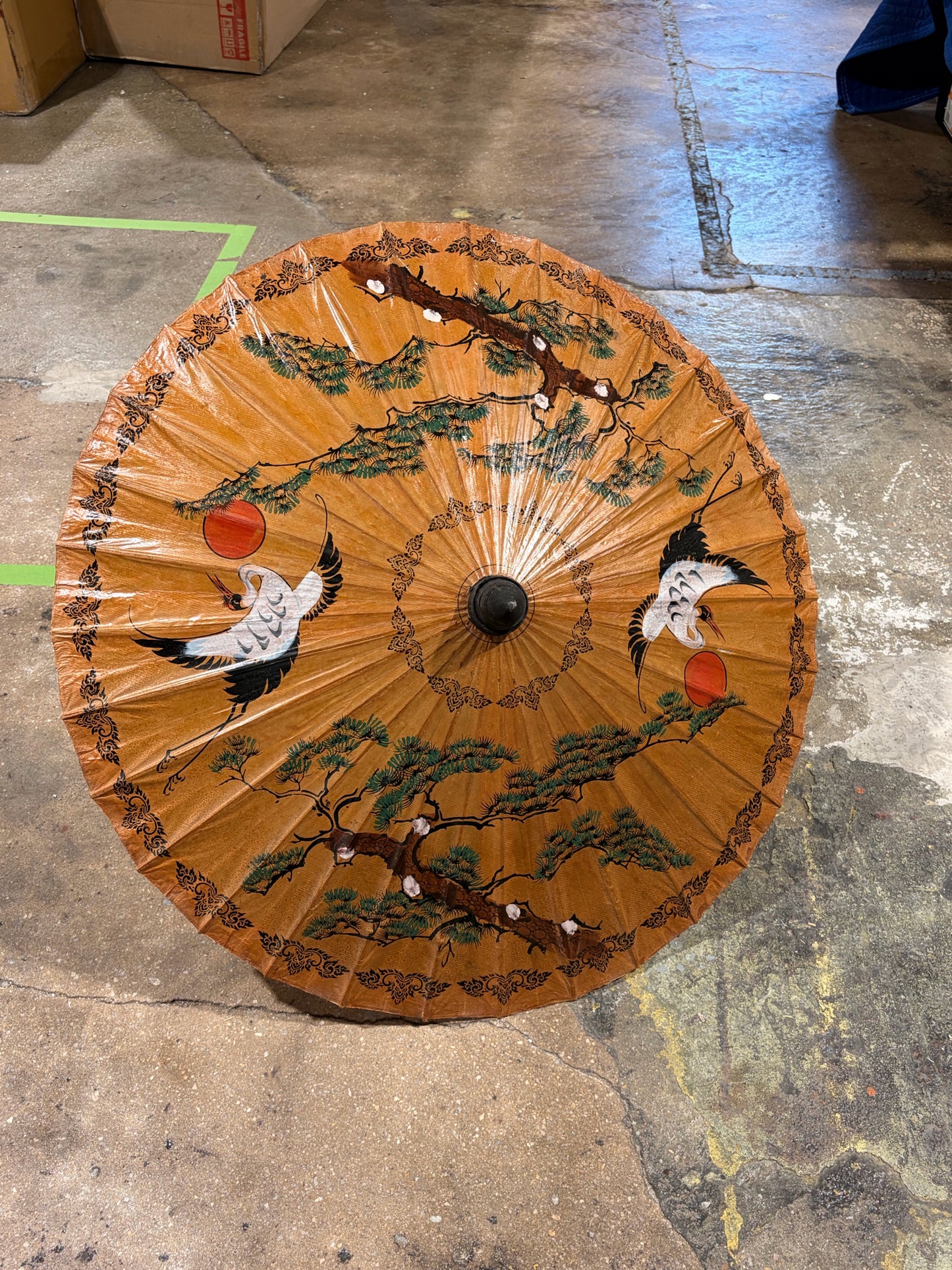VTG Hand Painted Japanese Paper Parasol 32" Diam