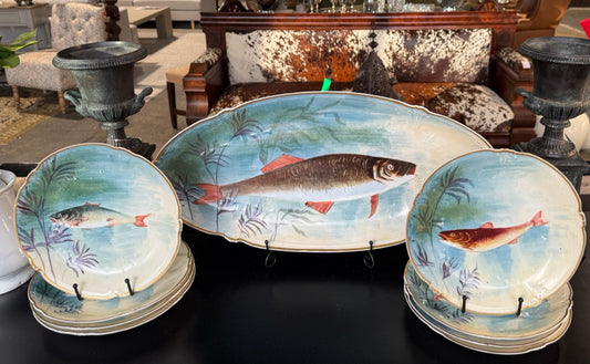 Antique Limoges platter w/8 plates, handpainted fish