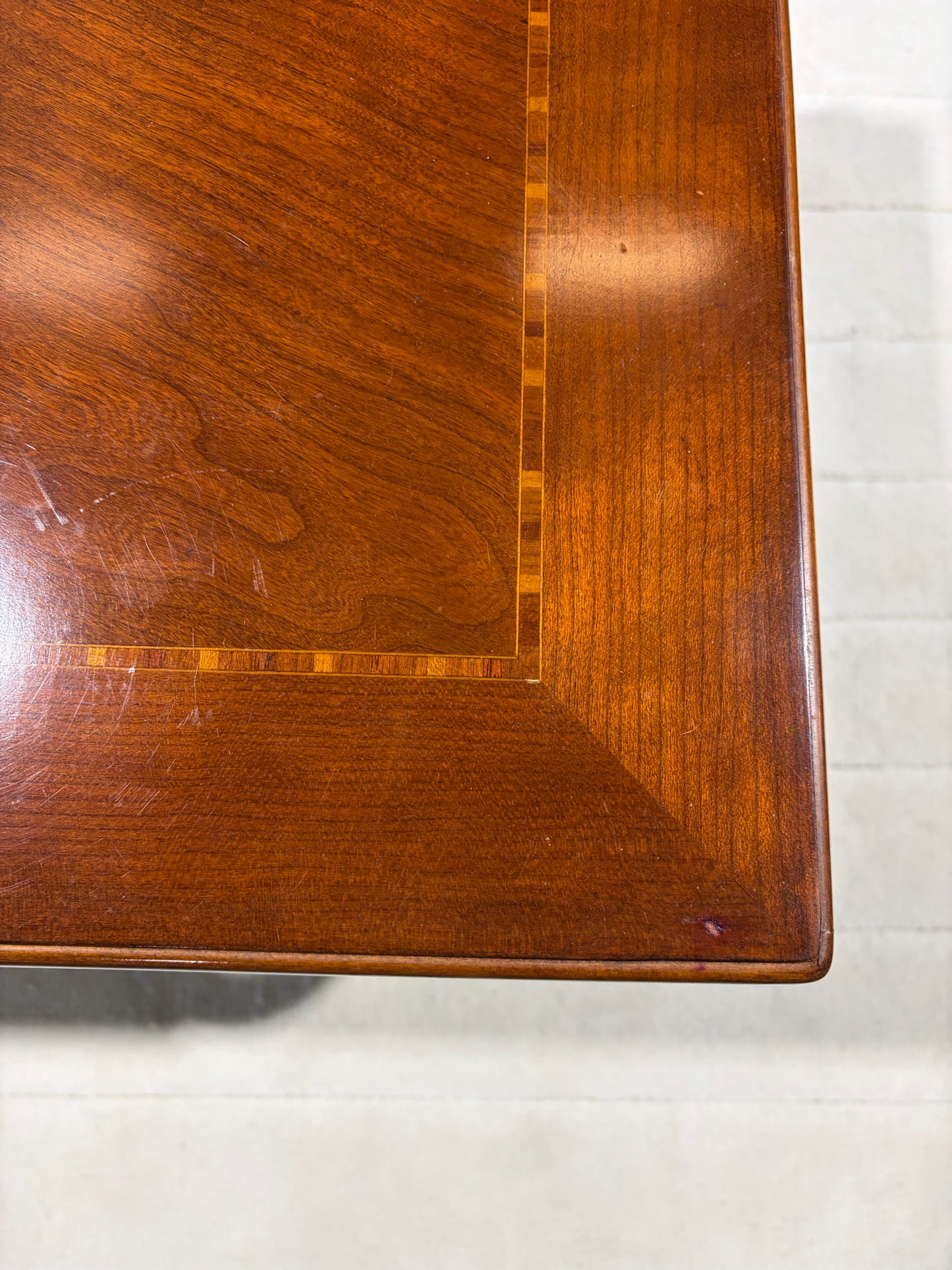 Inlaid Wood and Gold Metal Base Coffee Table, 26"D x 48"W x 19"H