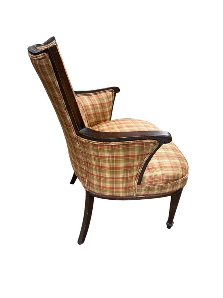 VTG fauteuil chair, mahogany, plaid, 25"W c 19"D x 34"H