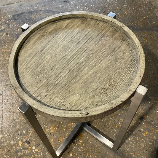 Weathered Gray Wood W/ Polished Stainless Steel Base, 19"D x 25"H