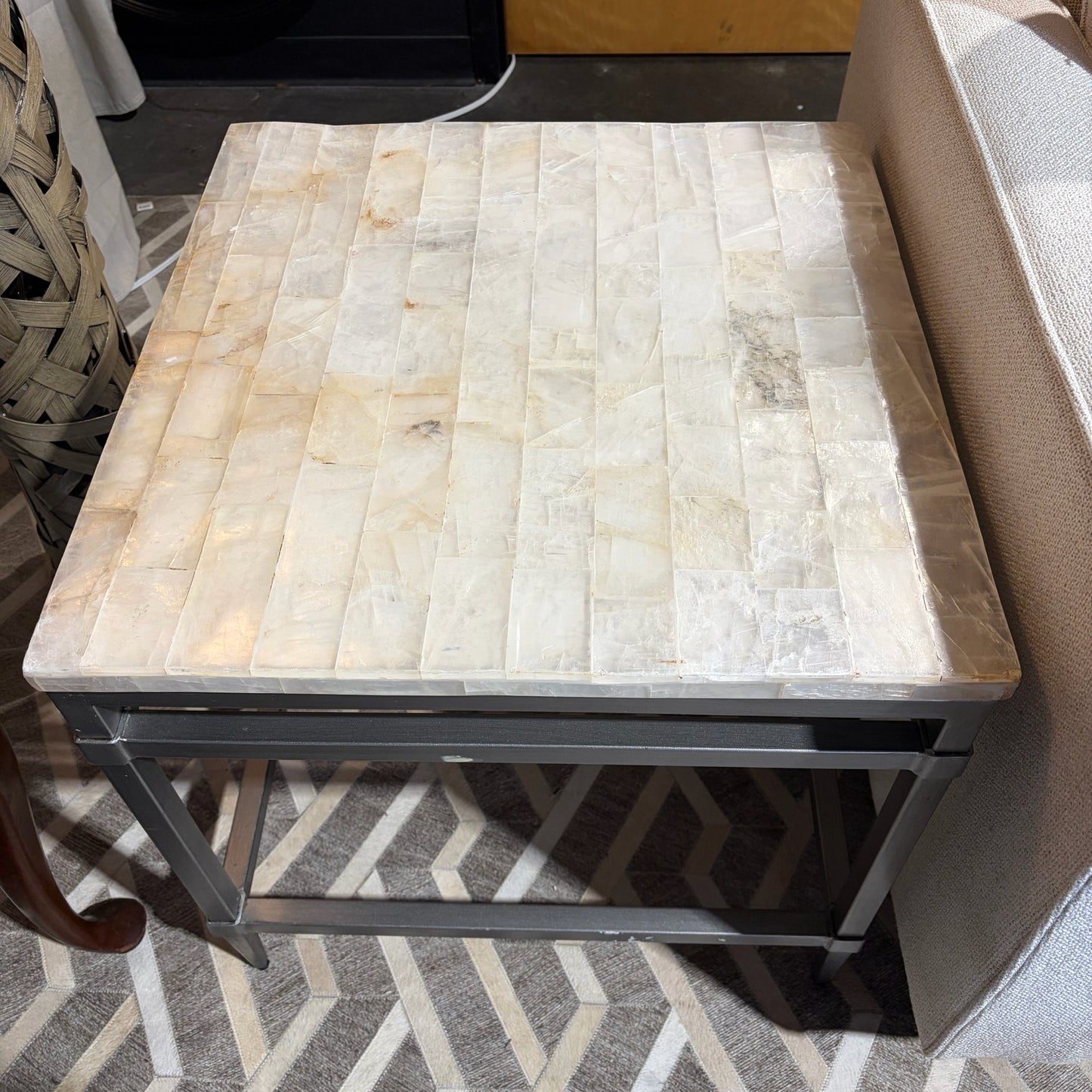 Square Mosaic Fossilized Stone Top, Pewter Metal, 24"W x 24"D x 24.5"H