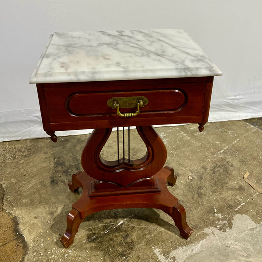 Vintage Marble Top Table W/ Lyre Shaped Pedestal, 19"W x 15"D x 27"H