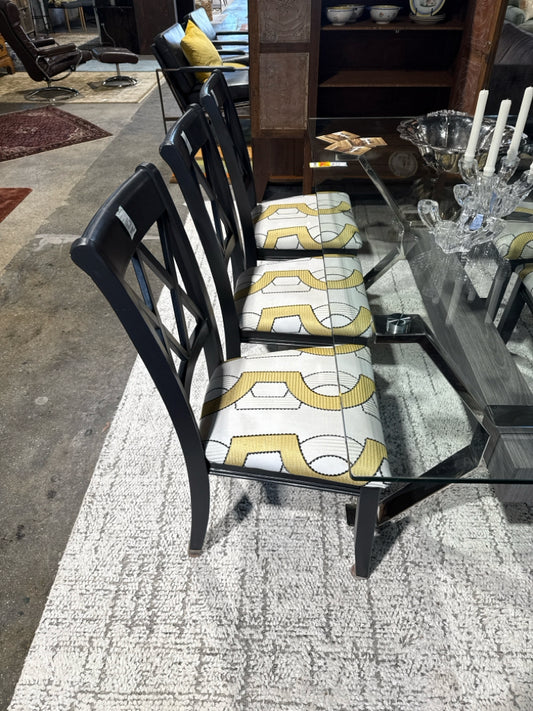SET of 6 dining chairs, black/yellow/white upholstery, 18"x19"x38"