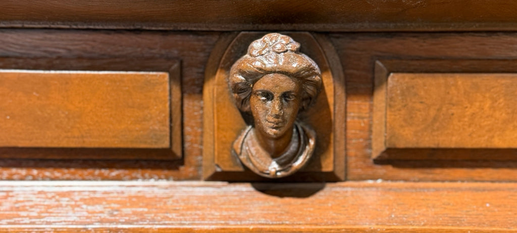 Antique Desk, c. 1870s, walnut, cameos/carving, 48.5"L x 26.5"W x 30"H