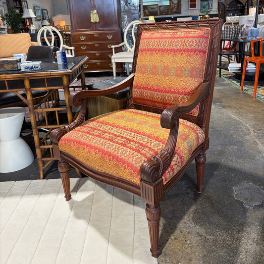 VTG Open Armchair w/ Carved Wooden Details, 29"W x 30"D x 40.25"H