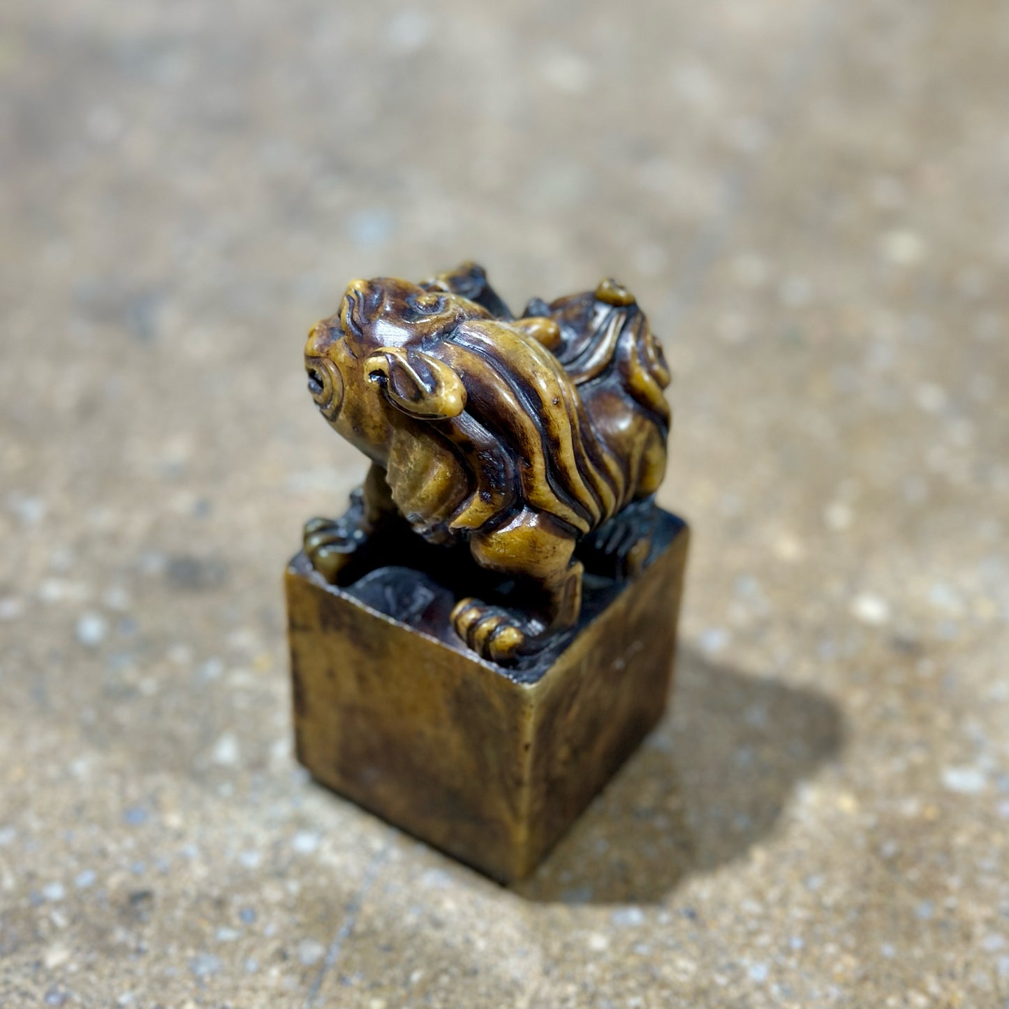 Chinese Carved Shoushan Stone Lion & Cub Chop Seal Stamp, 2" L x 2" W x 4" H