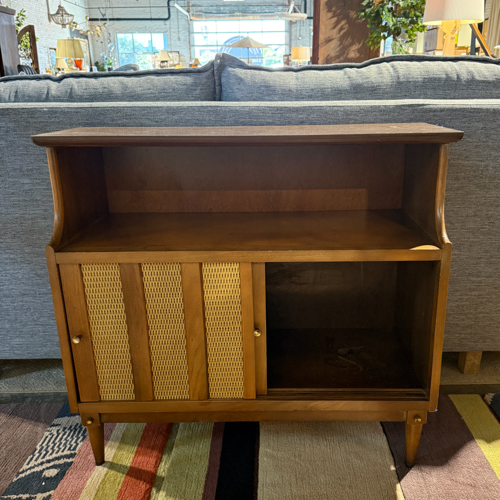 MCM cabinet, cane sliding doors, 34.5"W x 14.5"D x 30.5"H