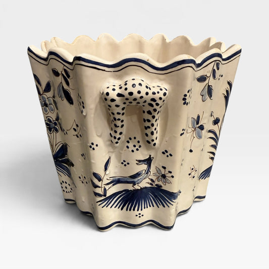 French handpainted cachepot, blue/white, 6"Dia x 5"H