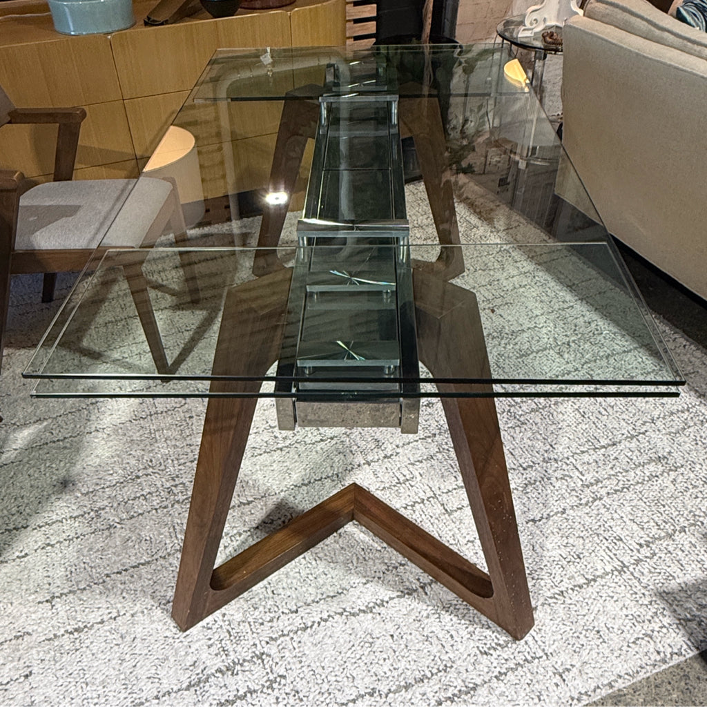 J&W glass extension table, walnut finish base, 63"-95"L x 35"W x 30"H