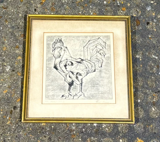 Vintage rooster charcoal/pencil art, signed, 10.5"W x 11"H x .5"D