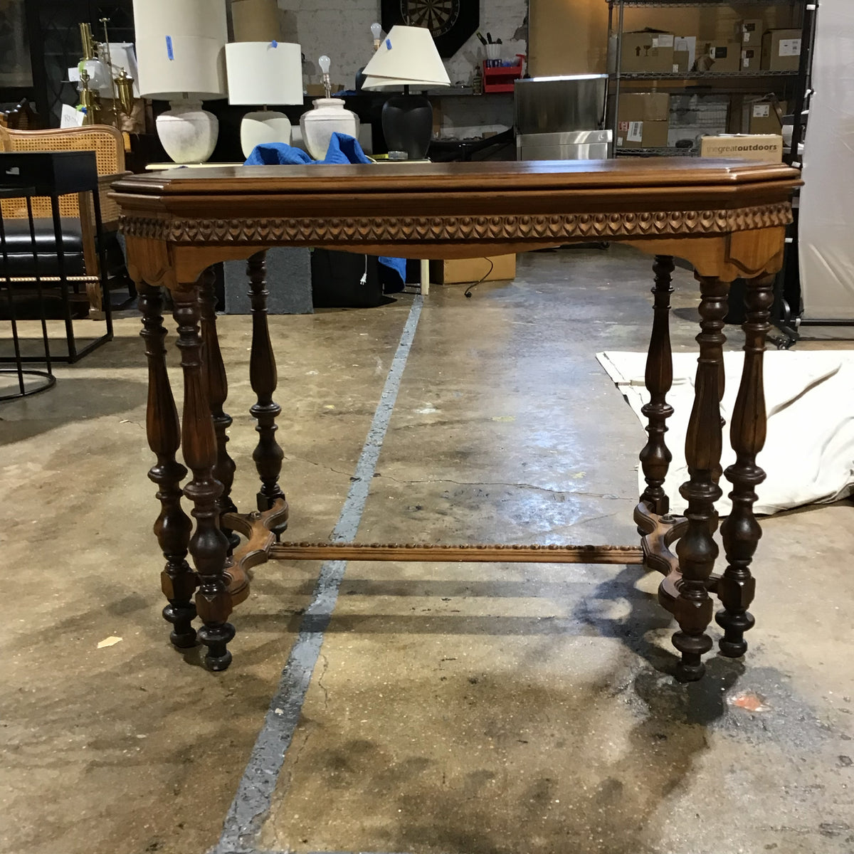 VTG Octagonal Wood Table with Interecate Carvings 39.5"W x 22"D x 31"H