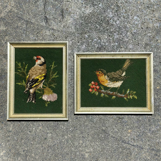 Set of Gold Framed Bird Needlepoint Pictures, Green, 9" x 7"