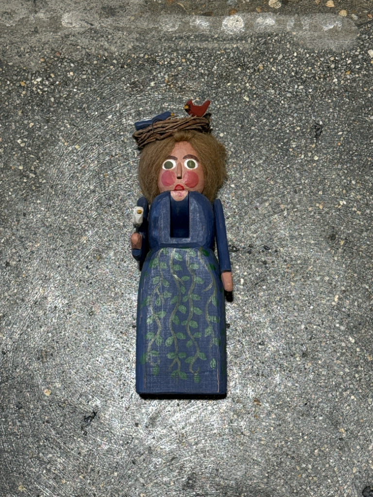 Mary Myers handcarved folk art, Bird Lady, 12"H