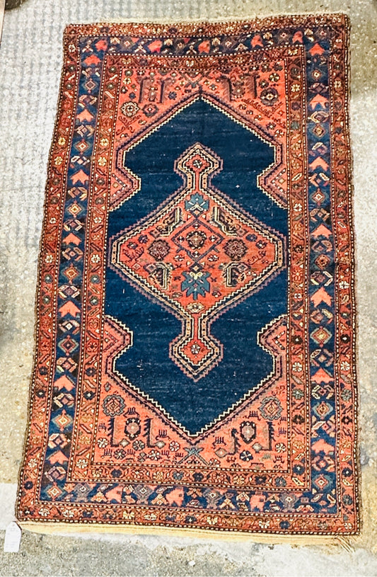 Antique handwoven Kurdish wool rug, navy/red, 4' x 7'3"