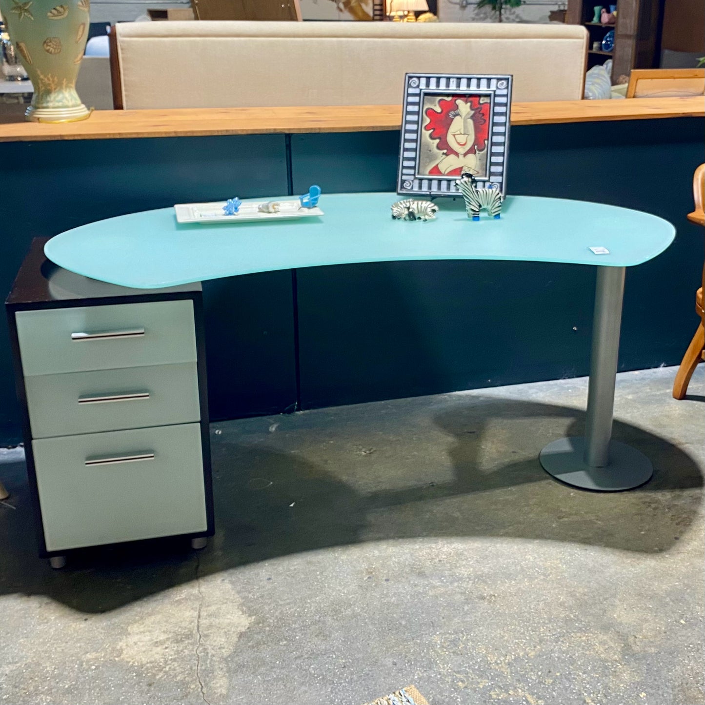 Modern Desk W/ Curved Frosted Glass, 65.25"W x 35"D x 29"H, (AS IS)