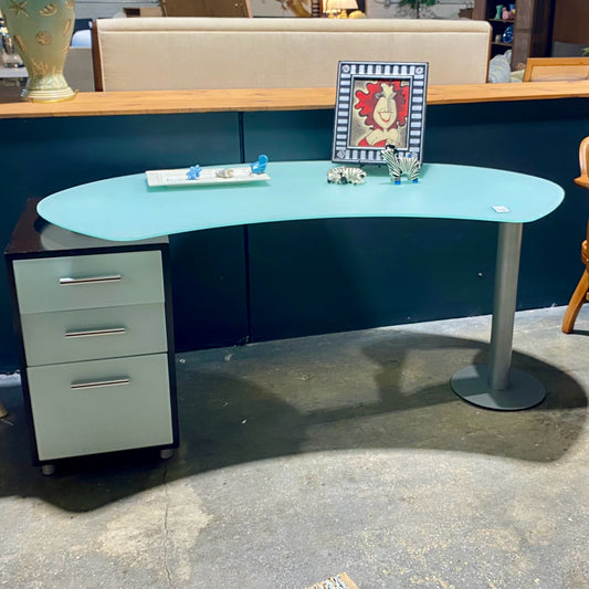 Modern Desk W/ Curved Frosted Glass, 65.25"W x 35"D x 29"H, (AS IS)