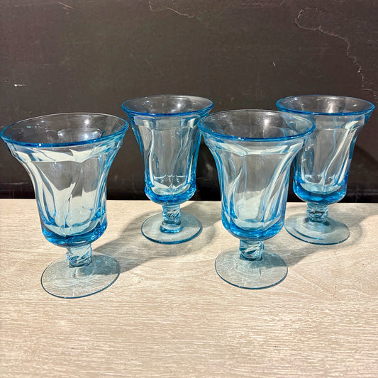 4 VTG Fostoria Jamestown Blue Footed Ice Tea Glasses, 4.25"Dia x 6"H