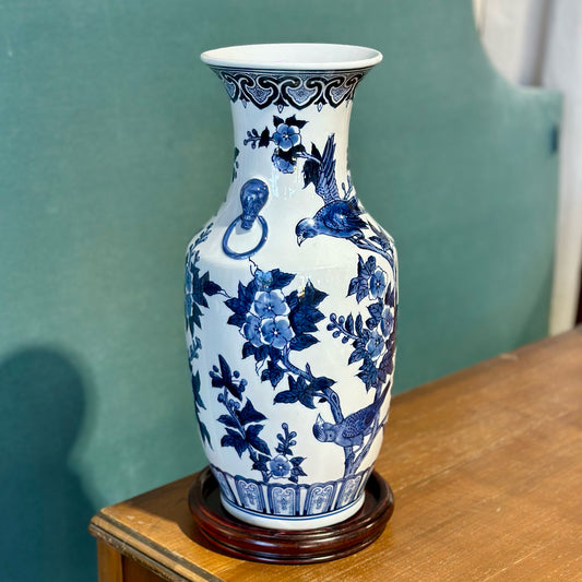 Birds & Floral Porcelain Vase, Blue & White, 19" H x 8.5" Dia
