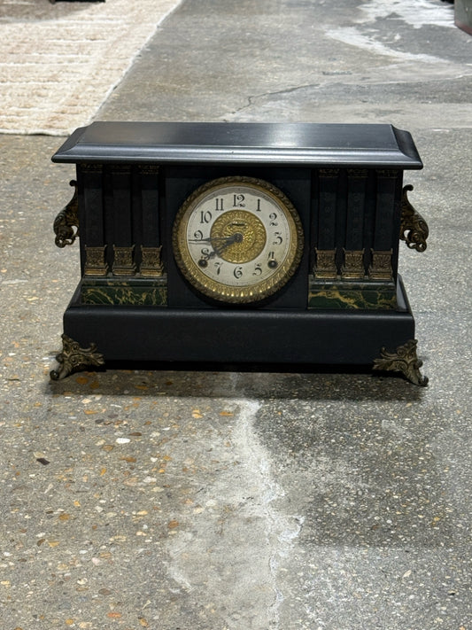 Antique Ingraham Co. mantel clock w/key, blk/grn/bronze, 16"L x 6"D x 10.5"H