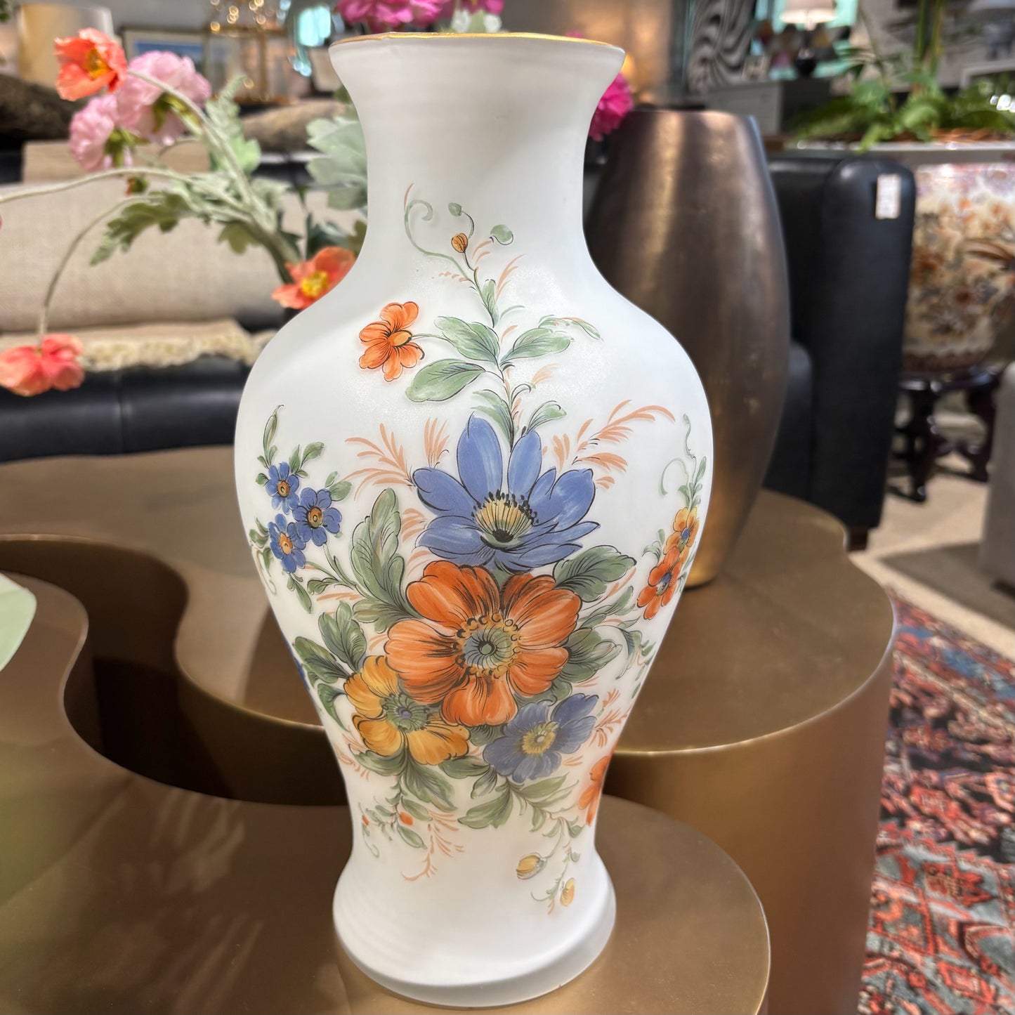 Handpainted Floral Vase, Italy, 7.5" W x 7.5" D x 14" H